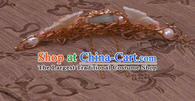 Chinese Handmade Pearls Hairpin Traditional Ming Dynasty Princess Shell Butterfly Hair Crown