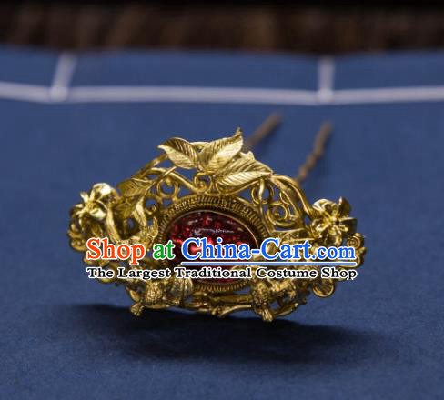 Chinese Handmade Golden Hairpin Traditional Ming Dynasty Princess Ruby Hair Stick