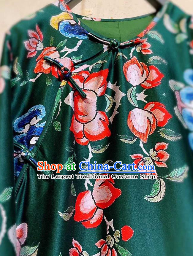 Chinese National Atrovirens Silk Qipao Dress Traditional Embroidered Butterfly Cheongsam Clothing