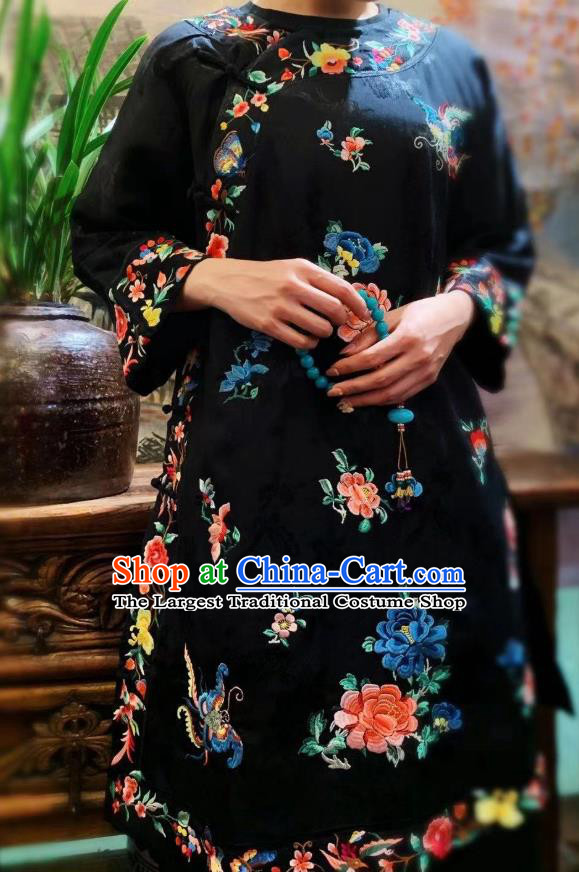 Chinese National Qipao Dress Traditional Embroidered Peony Black Silk Cheongsam Clothing