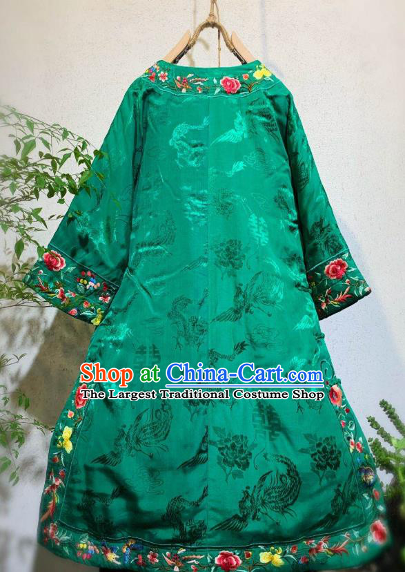 Chinese National Wedding Qipao Dress Traditional Embroidered Peony Green Silk Cheongsam Clothing