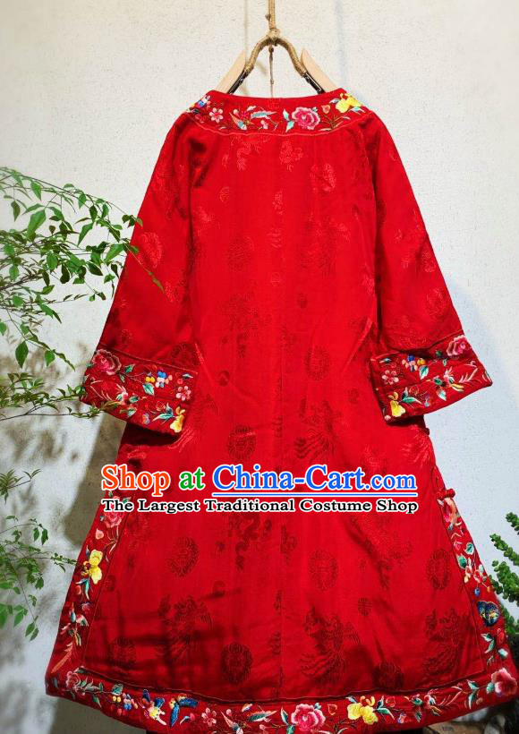 Chinese Traditional Embroidered Peony Red Silk Cheongsam Clothing National Wedding Qipao Dress