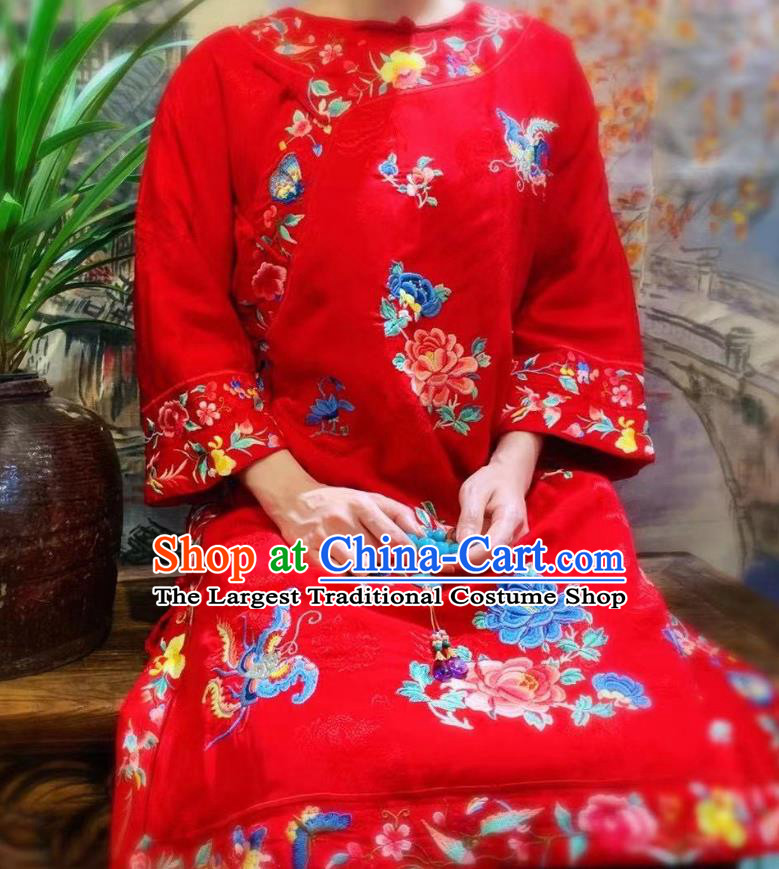 Chinese Traditional Embroidered Peony Red Silk Cheongsam Clothing National Wedding Qipao Dress