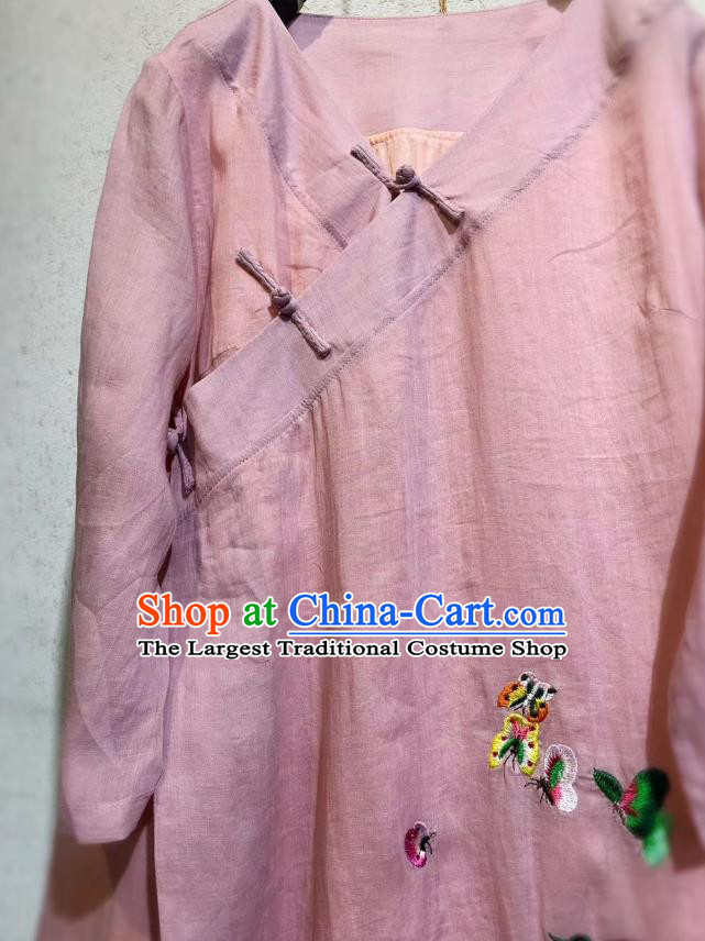 Chinese National Pink Flax Cheongsam Traditional Dress Clothing Embroidered Butterfly Qipao