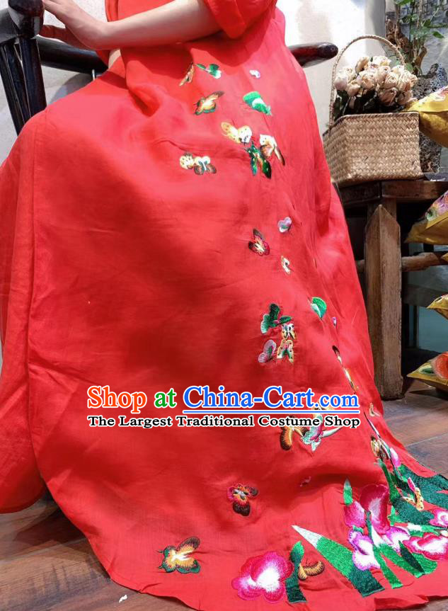 Chinese Traditional Clothing Embroidered Butterfly Long Qipao Dress National Red Flax Cheongsam