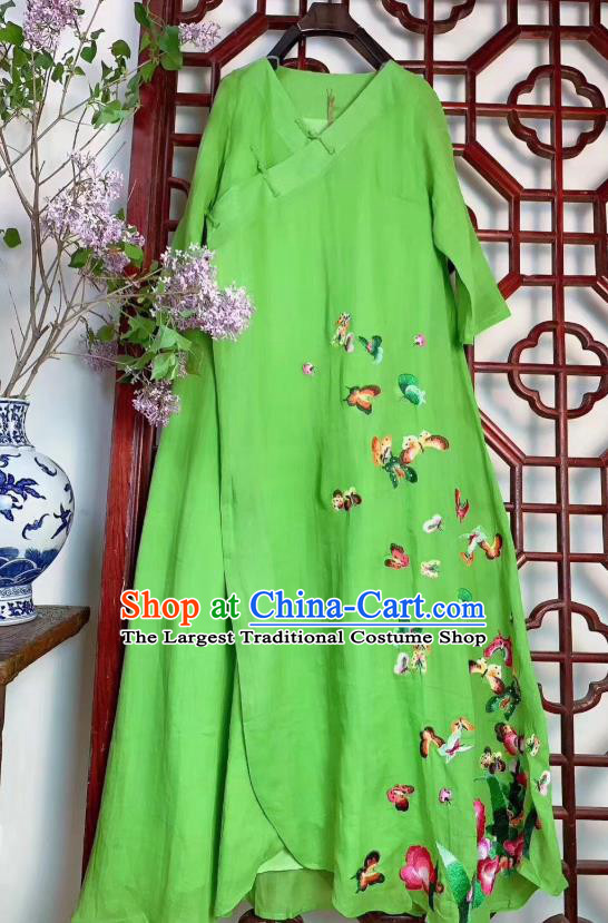 Chinese National Light Green Flax Cheongsam Traditional Clothing Embroidered Butterfly Long Qipao Dress