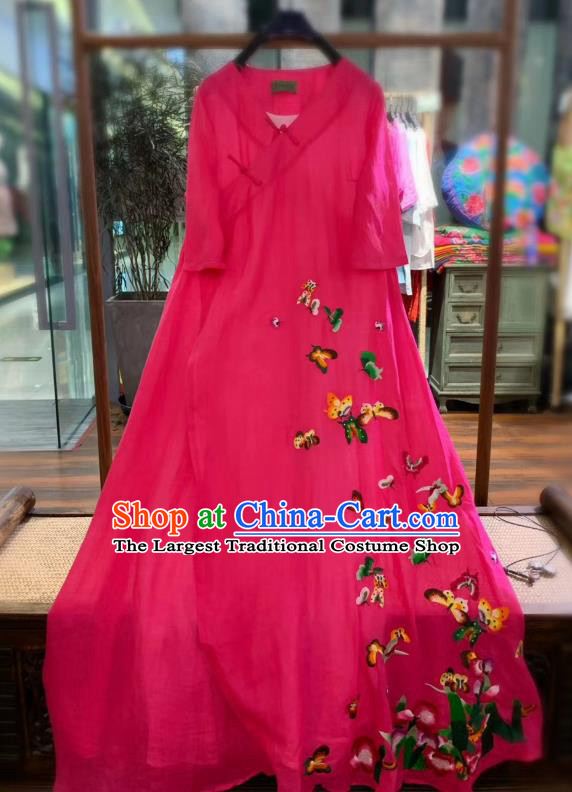 Chinese Traditional Embroidered Butterfly Long Qipao Dress National Rosy Flax Cheongsam Clothing