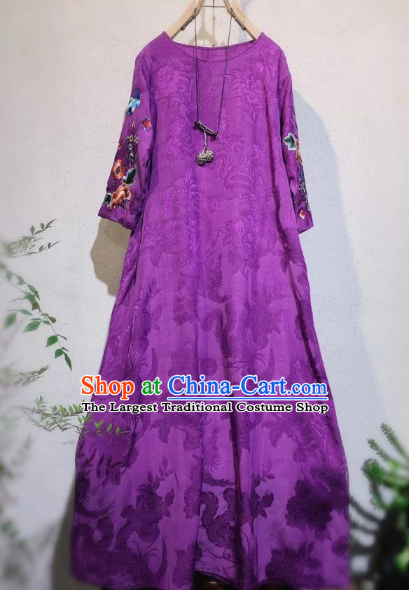 China Traditional Purple Silk Dust Coat Tang Suit Outer Garment Clothing National Embroidered Coat