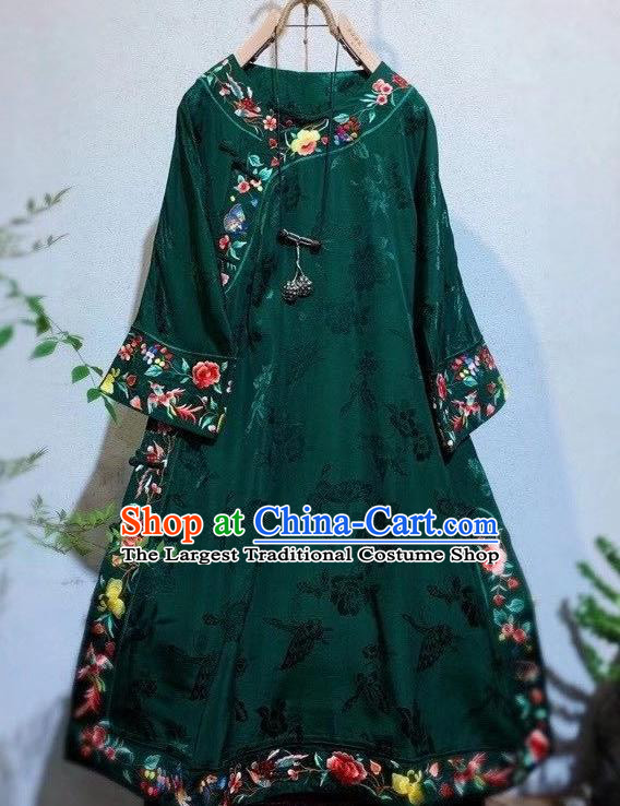 Chinese Traditional Deep Green Silk Cheongsam National Embroidered Clothing Mandarin Qipao Dress