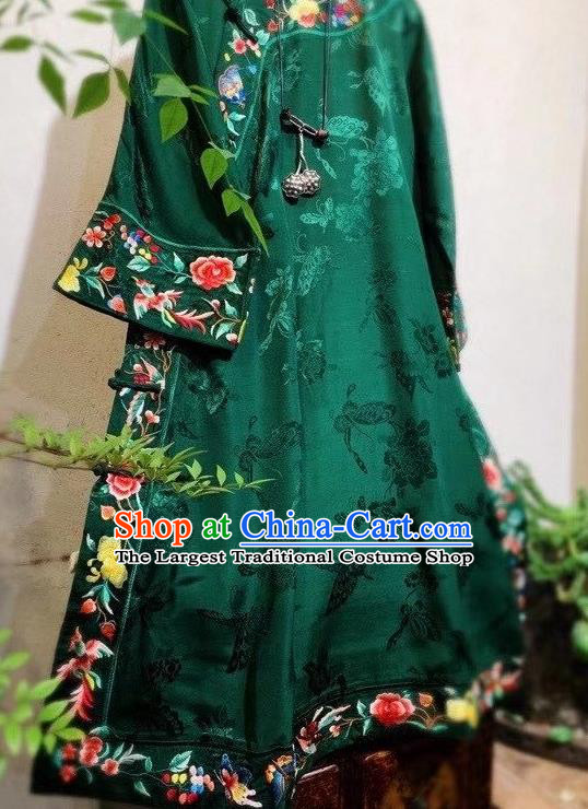 Chinese Traditional Deep Green Silk Cheongsam National Embroidered Clothing Mandarin Qipao Dress