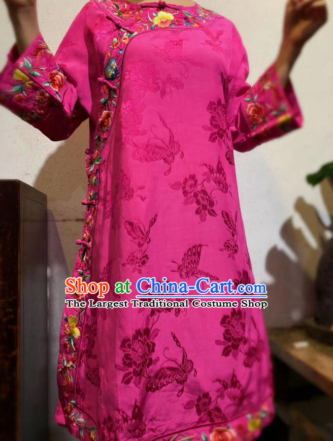 Chinese National Rosy Silk Cheongsam Traditional Clothing Embroidered Mandarin Qipao Dress