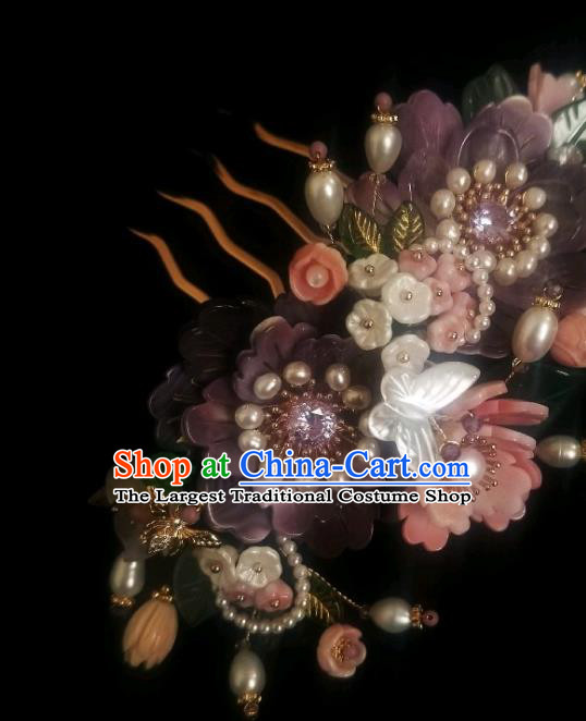 Chinese Handmade Purple Peony Pearls Hairpin Traditional Ming Dynasty Shell Butterfly Hair Comb