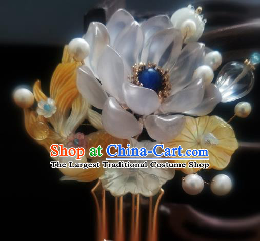 Chinese Handmade Shell Hairpin Traditional Ming Dynasty Lotus Goldfish Hair Comb