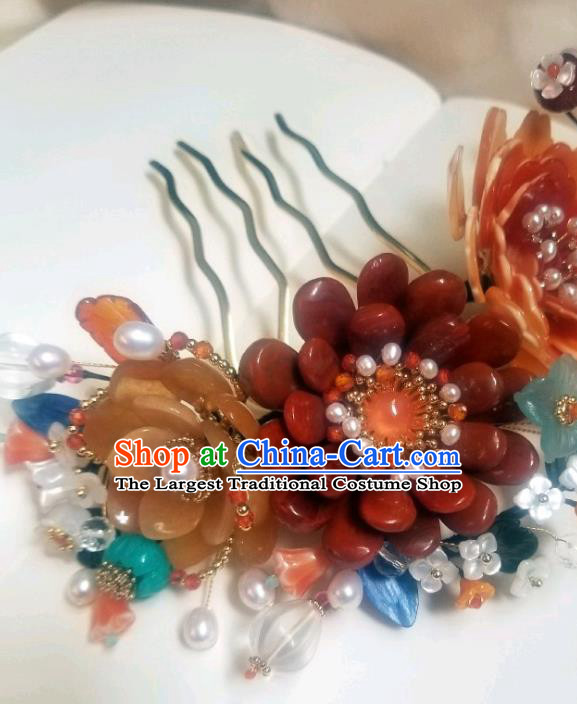 Chinese Handmade Pearls Hair Comb Traditional Ming Dynasty Princess Red Peony Hair Crown