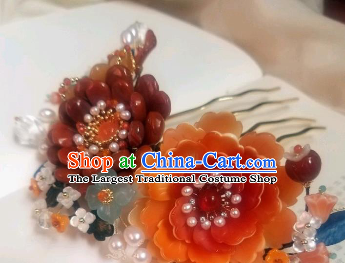 Chinese Handmade Pearls Hair Comb Traditional Ming Dynasty Princess Red Peony Hair Crown