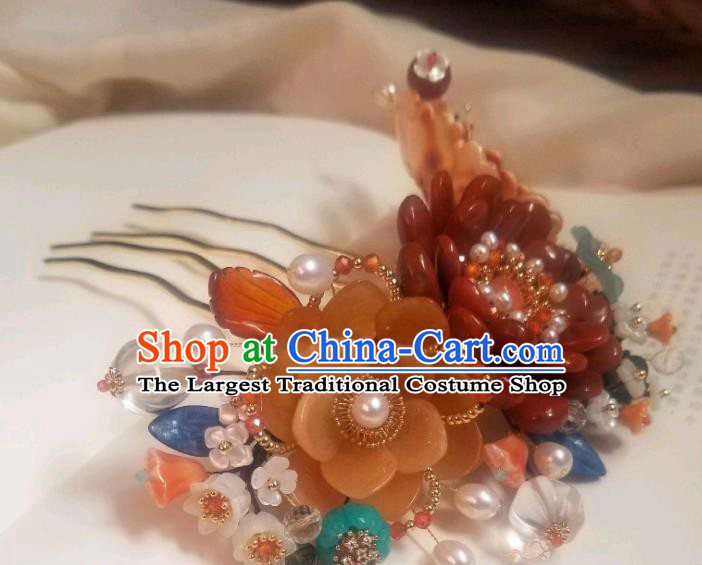 Chinese Handmade Pearls Hair Comb Traditional Ming Dynasty Princess Red Peony Hair Crown