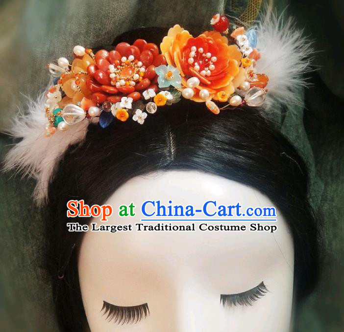Chinese Handmade Pearls Hair Comb Traditional Ming Dynasty Princess Red Peony Hair Crown