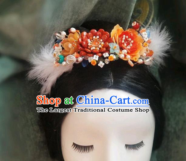 Chinese Handmade Pearls Hair Comb Traditional Ming Dynasty Princess Red Peony Hair Crown