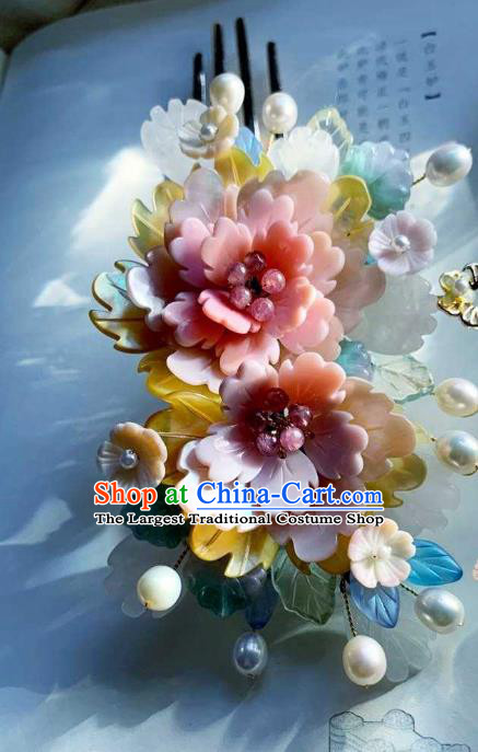 Chinese Handmade Shell Hair Stick Traditional Ming Dynasty Princess Pink Peony Hair Comb