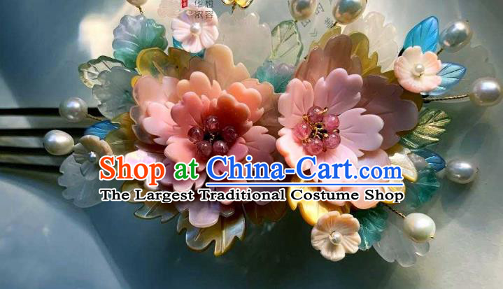 Chinese Handmade Shell Hair Stick Traditional Ming Dynasty Princess Pink Peony Hair Comb