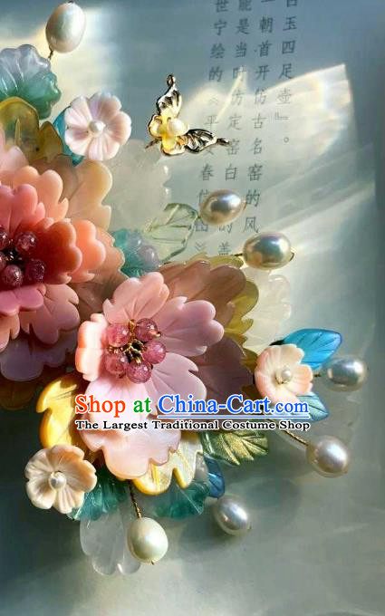 Chinese Handmade Shell Hair Stick Traditional Ming Dynasty Princess Pink Peony Hair Comb