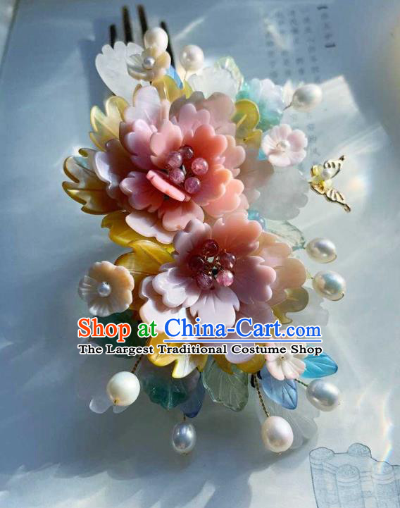 Chinese Handmade Shell Hair Stick Traditional Ming Dynasty Princess Pink Peony Hair Comb