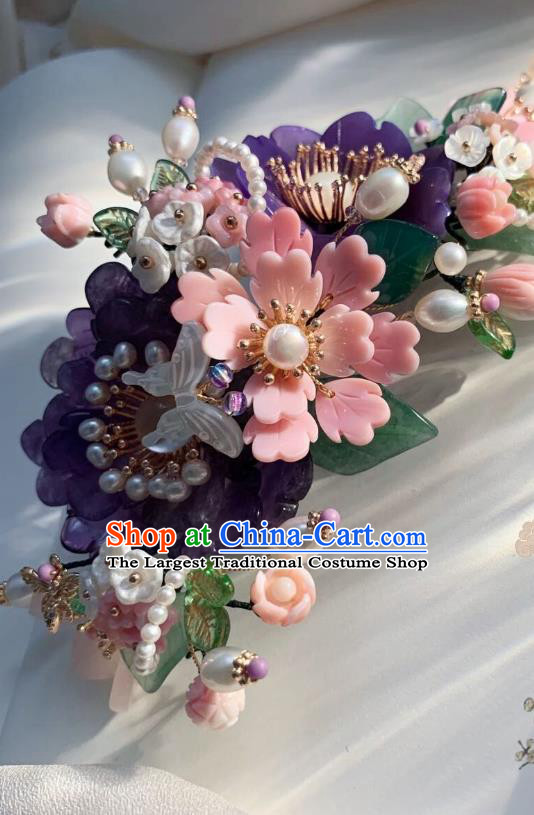 Chinese Handmade Purple Shell Peony Hair Stick Traditional Ming Dynasty Princess Pearls Butterfly Hairpin