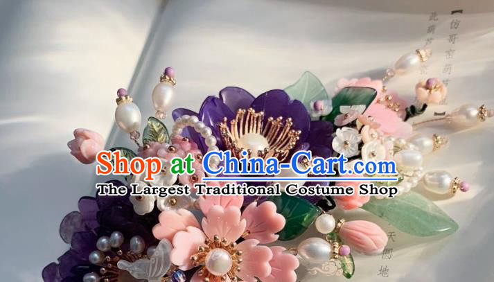 Chinese Handmade Purple Shell Peony Hair Stick Traditional Ming Dynasty Princess Pearls Butterfly Hairpin