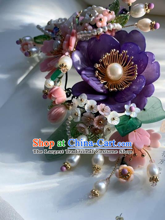 Chinese Handmade Purple Shell Peony Hair Stick Traditional Ming Dynasty Princess Pearls Butterfly Hairpin