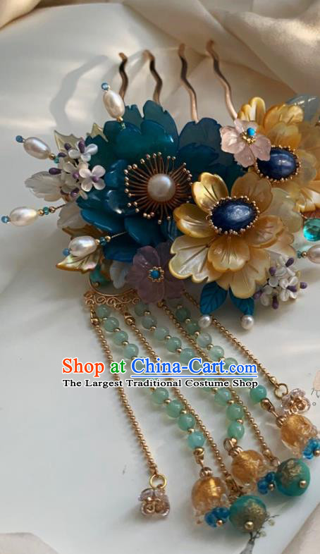Chinese Handmade Lapis Pearls Hairpin Traditional Ming Dynasty Princess Shell Flowers Tassel Hair Comb