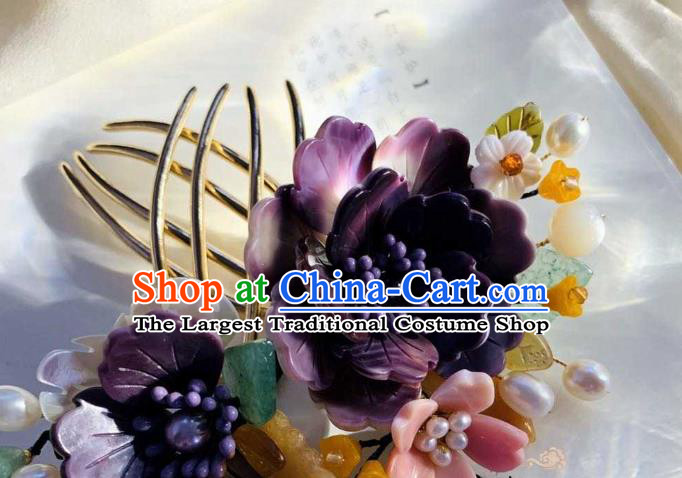 Chinese Handmade Shell Flowers Hair Stick Traditional Ming Dynasty Princess Purple Peony Hair Comb