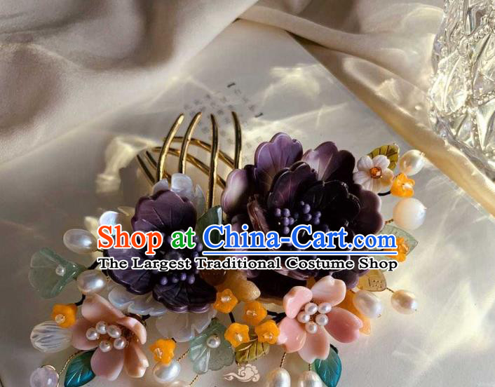 Chinese Handmade Shell Flowers Hair Stick Traditional Ming Dynasty Princess Purple Peony Hair Comb