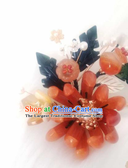 Chinese Handmade Red Chrysanthemum Hairpin Traditional Ming Dynasty Princess Ceregat Pearls Hair Stick