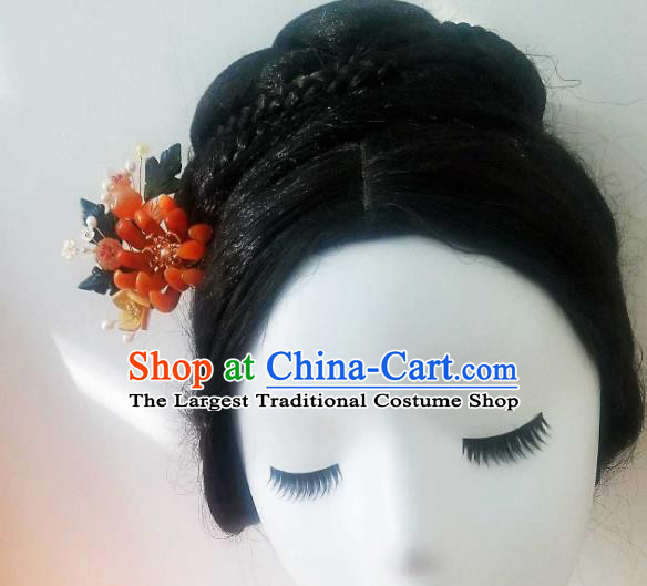 Chinese Handmade Red Chrysanthemum Hairpin Traditional Ming Dynasty Princess Ceregat Pearls Hair Stick