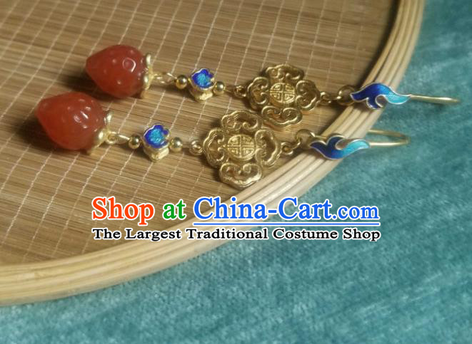China Traditional Qing Dynasty Court Blueing Earrings Ancient Ming Dynasty Agate Strawberry Ear Jewelry