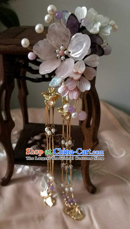 Chinese Handmade Peach Blossom Tassel Hairpin Traditional Song Dynasty Princess Rose Quartz Hair Stick