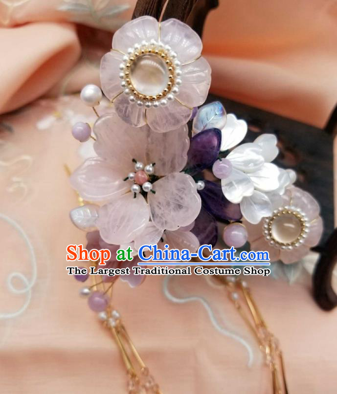 Chinese Handmade Peach Blossom Tassel Hairpin Traditional Song Dynasty Princess Rose Quartz Hair Stick