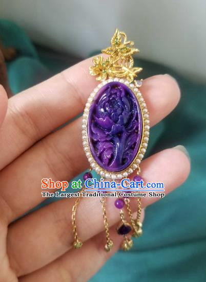 China Traditional Carving Peony Necklace Pendant Accessories Handmade Amethyst Tassel Necklet