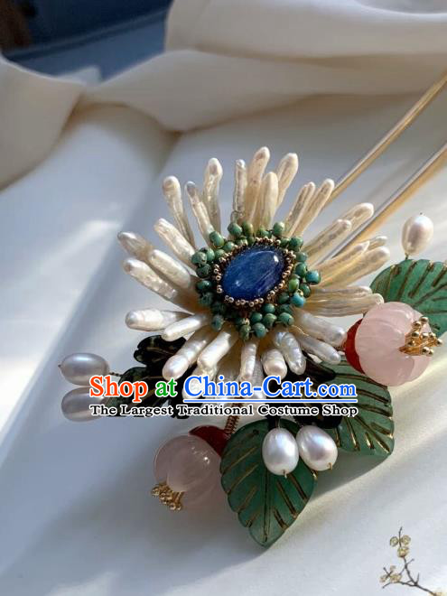 Chinese Handmade Shell Chrysanthemum Hair Stick Traditional Ming Dynasty Princess Rose Quartz Hairpin