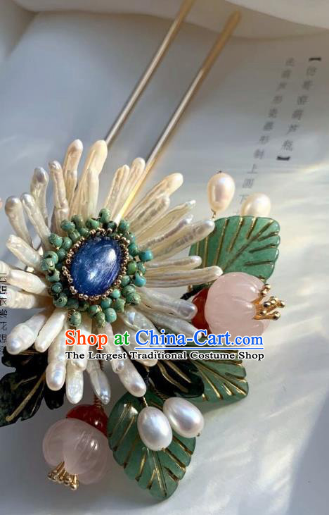 Chinese Handmade Shell Chrysanthemum Hair Stick Traditional Ming Dynasty Princess Rose Quartz Hairpin