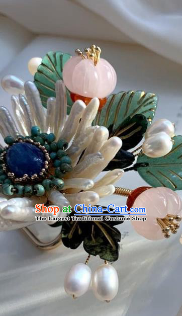 Chinese Handmade Shell Chrysanthemum Hair Stick Traditional Ming Dynasty Princess Rose Quartz Hairpin