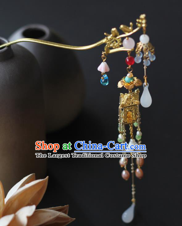 Chinese Handmade Palace Golden Hair Stick Traditional Qing Dynasty Court Lady Tassel Hairpin