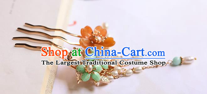 Chinese Handmade Plum Blossom Hair Comb Traditional Ming Dynasty Princess Pearls Tassel Hairpin