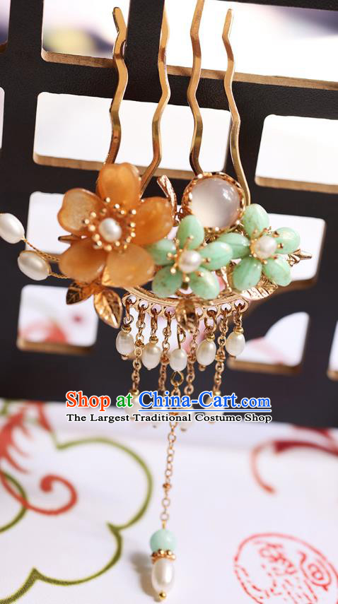 Chinese Handmade Plum Blossom Hair Comb Traditional Ming Dynasty Princess Pearls Tassel Hairpin