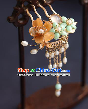 Chinese Handmade Plum Blossom Hair Comb Traditional Ming Dynasty Princess Pearls Tassel Hairpin
