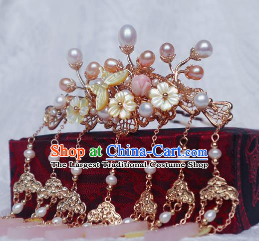 Chinese Handmade Yellow Shell Plum Hair Stick Traditional Ming Dynasty Princess Golden Tassel Hairpin