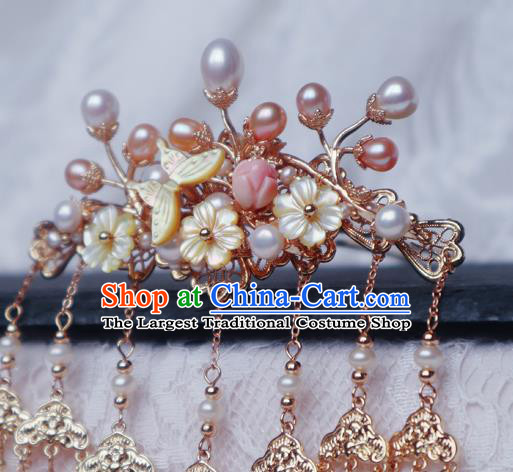 Chinese Handmade Yellow Shell Plum Hair Stick Traditional Ming Dynasty Princess Golden Tassel Hairpin