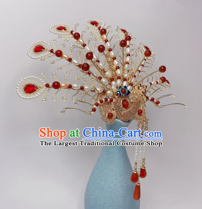 Chinese Handmade Phoenix Coronet Traditional Ming Dynasty Wedding Pearls Hair Crown