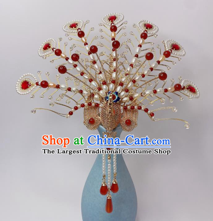 Chinese Handmade Phoenix Coronet Traditional Ming Dynasty Wedding Pearls Hair Crown