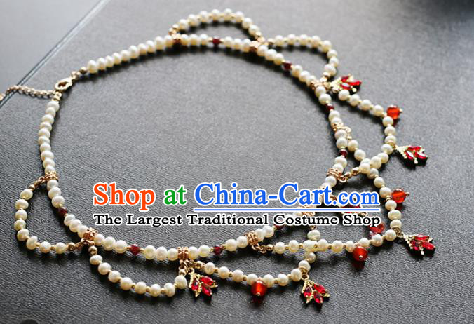 China Traditional Hanfu Red Crystal Necklace Accessories Handmade Pearls Necklet Jewelry